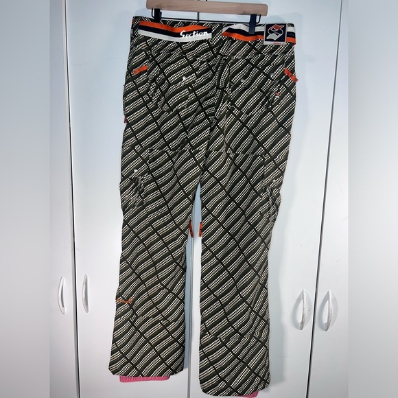 SECTION snow pants, olive green w/ white and tan dots, orange & pink accents, XL - Picture 2 of 12